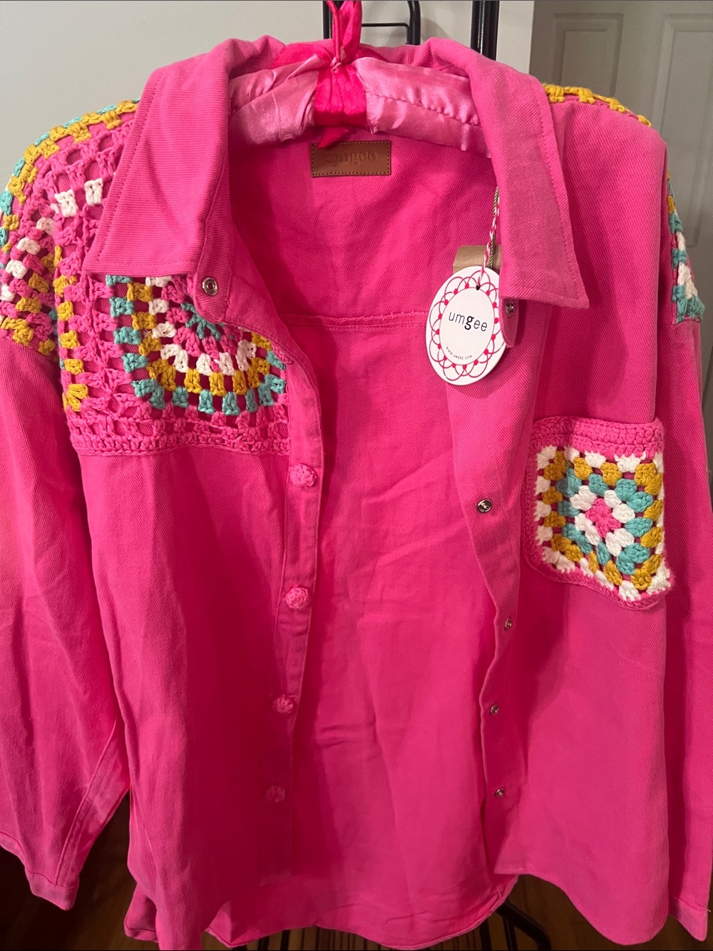 Umgee Hot Pink Button-Front Shacket with Multicolor Crochet Accents